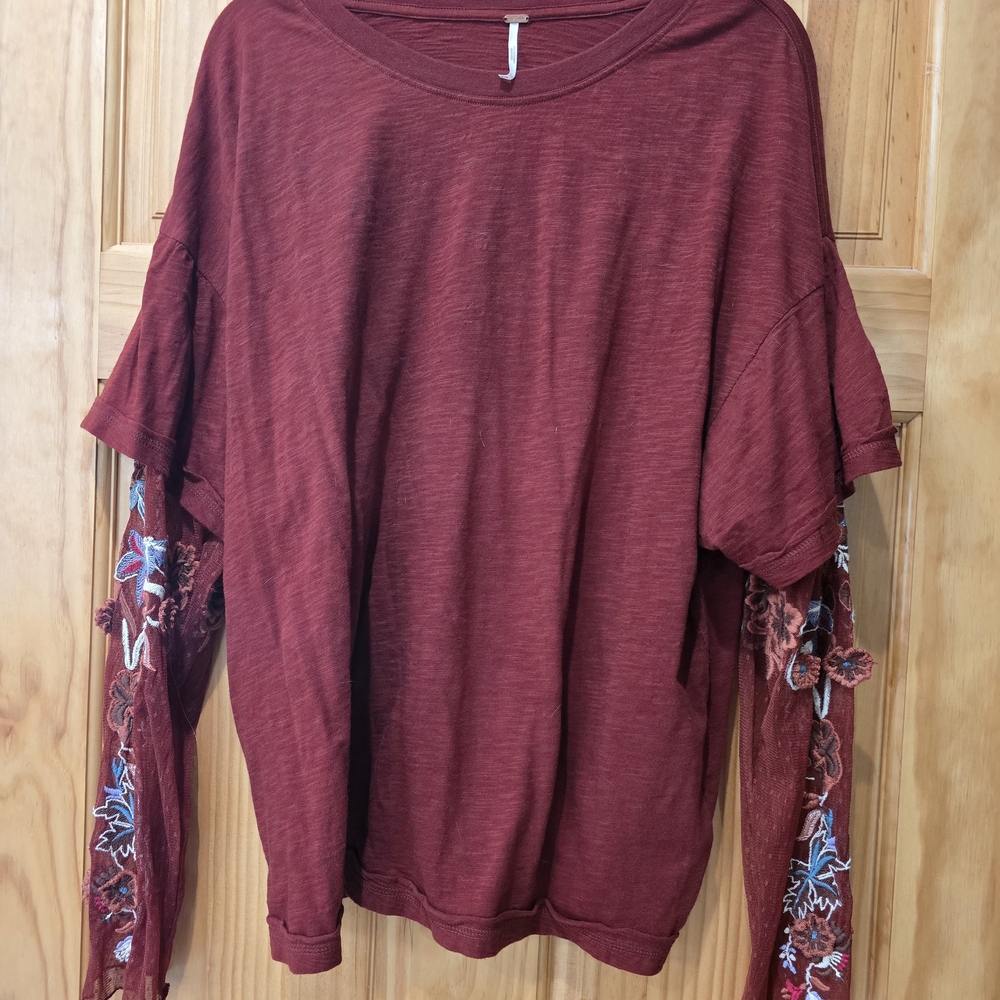 Free People Burgundy Long Sleeve Top with Sheer Embroidered Sleeves